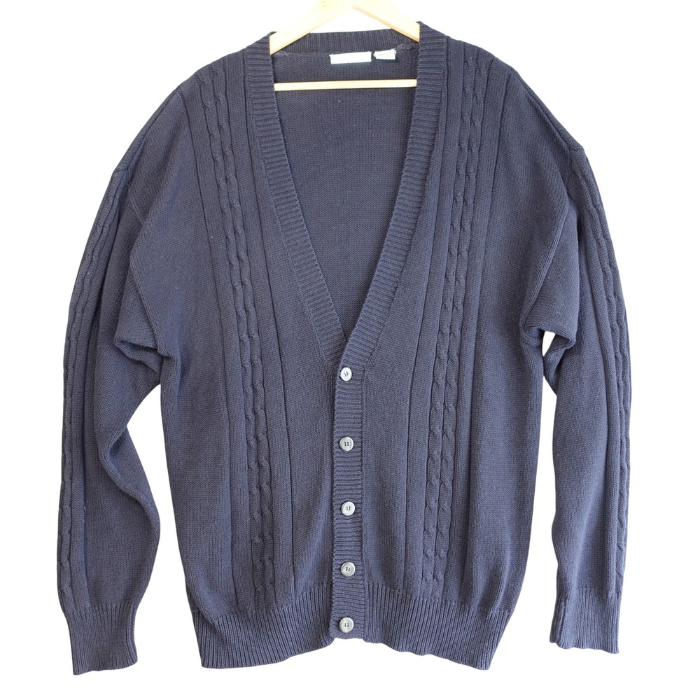 Vintage 90s Cardigan Sweater Mens L Navy Blue Fisherman Cable Knit Cotton V-Neck